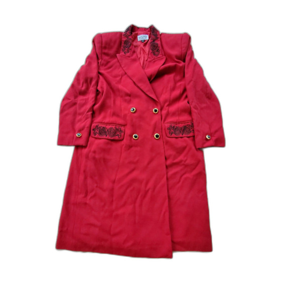 KASPER FOR A.S.L. Red Long Embroidered Jacket Dress Vintage 90s 14P GUC - Picture 1 of 13